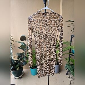 Forever 21 Sheer Leopard Print Mesh Long Sleeve Bodycon Mini Dress Size S